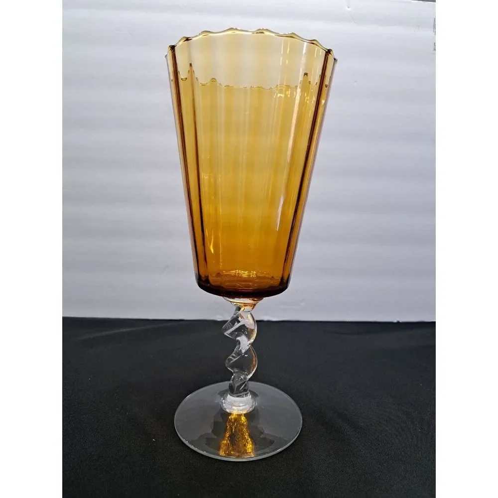 Vintage Amber Art Glass Large Paneled Flower‎ Vase Twisted Stem Scalloped